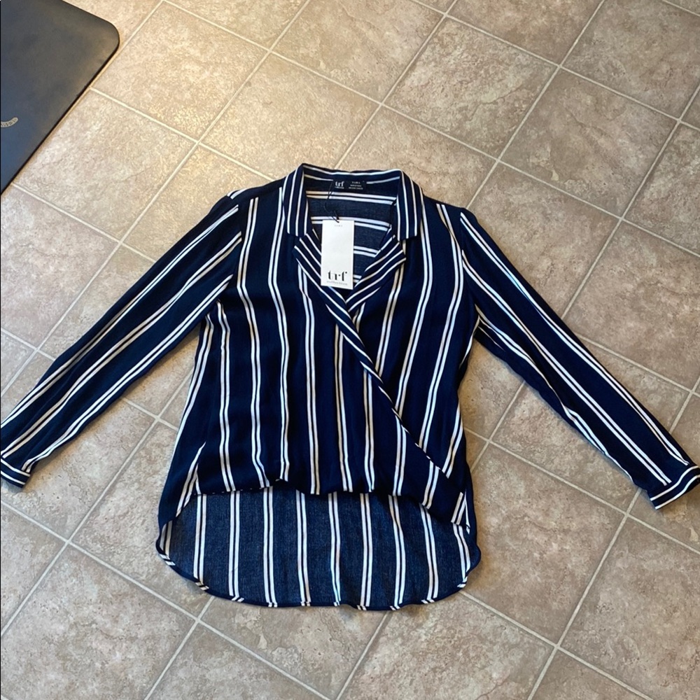 Zara Navy and White Striped Button Down Shirt